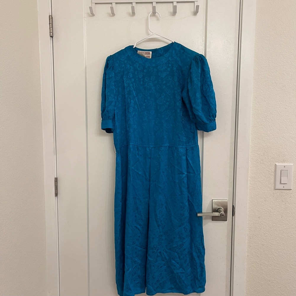 Vintage Maggy London Silk Blue Maxi Dress Puff Sleeves Floral Print Retro